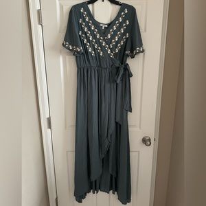 Piper & Scoot Jodifl Faux Wrap Maxi/Midi Green Embroidered Flutter Sleeve V-Neck